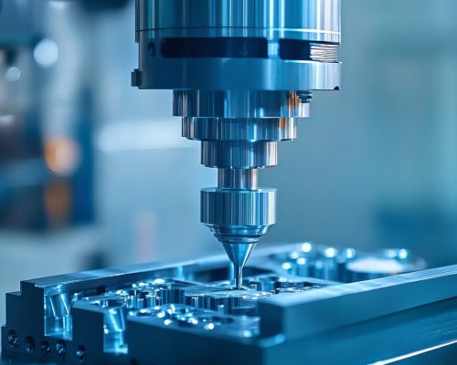 The CNC milling machine performs chamfer cutting on a mold base part using a chamfer tool in a light blue scene demonstrating the mold parts cutting process by a machining center with a
